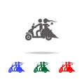 silhouette of a newlywed couple on a scooter icon. Elements of wedding in multi colored icons. Premium quality graphic design icon Royalty Free Stock Photo