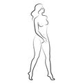 Silhouette of a nice lady, she is standing. The girl has a beautiful naked figure. The woman is a young sexy and slender