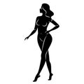 Silhouette of a nice lady, she is standing. The girl has a beautiful naked figure. The woman is a young sexy and slender