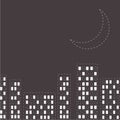 Silhouette of the night city. Dash line moon in the sky. Flat design.