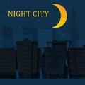 Silhouette of night city landscape on dark blue sky background with big moon and stars vector illustration. Night city Royalty Free Stock Photo