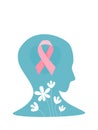 Silhouette of no hair human with brest cancer ribbon, flat vector illustration