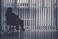 Obese woman sits in the wheelchair by the window