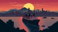 Silhouette Of Oceanliner At Sunrise: Japanese-style Vintage Travel Poster