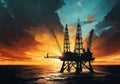 silhouette of offshore oil rig during sunset with dramatic sky Royalty Free Stock Photo