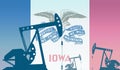 silhouette of oil pumps against flag of Iowa state USA. Extraction grade crude oil and gas. concept of oil fields and oil