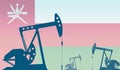silhouette of oil pumps against flag of Oman. Extraction grade crude oil and gas. concept of oil fields and oil companies,