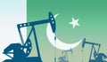 silhouette of oil pumps against flag of Pakistan. Extraction grade crude oil and gas. concept of oil fields and oil companies,