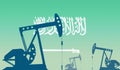 silhouette of oil pumps against flag of Saudi Arabia. Extraction grade crude oil and gas. concept of oil fields and oil companies