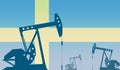 silhouette of oil pumps against flag of Sweden. Extraction grade crude oil and gas. concept of oil fields and oil companies,