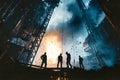 Silhouette of oil workers amid explosion at new drilling rig during blue hour in a gas field Royalty Free Stock Photo