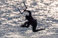 A silhouette ok a kitesurfer in Tarifa, Spain.