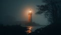 Silhouette of old beacon illuminates tranquil seascape at dusk generated by AI