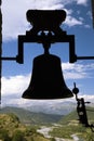 Silhouette of old church bell in Ainsa, Huesca, Spain in Pyrenees Mountains, an old walled town with hilltop views of Cinca and Ar Royalty Free Stock Photo