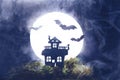 Halloween. Silhouette of an old house on a background of the full moon. Bats, fog Royalty Free Stock Photo