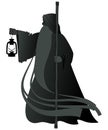 Silhouette of old man with a long beard, wearing a long hooded robe, leaning on a staff and illuminating his path with an old lamp