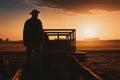 silhouette of old man standing around a trailer in a field of wheat after harvesting at sunset, Generative AI Royalty Free Stock Photo