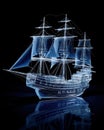 silhouette of an old ship depicted through a wireframe style, set against a colorful and radiant glow Royalty Free Stock Photo