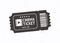 Silhouette of one cinema ticket with barcode. Vector illustration. Paper retro coupon for movie entry. Film industry symbol.