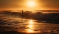 Silhouette of one person surfing at sunset generated by AI