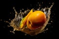 Silhouette, orange drop in the water splash and bubbles forming on black background Royalty Free Stock Photo