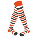 Silhouette of orange-gray striped knee-high stockings. Logo design of human crossed legs in bright striped stockings