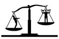 Silhouette of an ordinary man on scales of justice, he is in priority and he laughs at a selfish man with a crown on his he Royalty Free Stock Photo