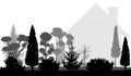 Silhouette of ornamental garden near the house. Trees: shrubs, bonsai, thuja, spruce, etc. Vector illustration Royalty Free Stock Photo