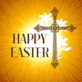 Silhouette Of Ornate Cross. Happy Easter Concept Illustration Or Greeting Card. Religious Symbol Of Faith Against Sun
