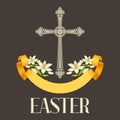 Silhouette Of Ornate Cross With Lilies. Happy Easter Concept Illustration Or Greeting Card. Religious Symbols Of Faith