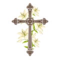 Silhouette of ornate cross with lilies. Happy Easter concept illustration or greeting card. Religious symbols of faith Royalty Free Stock Photo