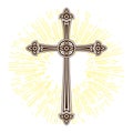 Silhouette Of Ornate Cross With Sun Lights. Happy Easter Concept Illustration Or Greeting Card. Religious Symbol Of