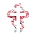 Silhouette of an orthodox cross with watercolor wash background