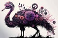 Silhouette Of An Ostrich In Profile Made Of Gears Flowe. Generative AI