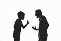 Silhouette outline of a father and son arguing on white