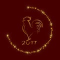 Silhouette outline of fiery rooster on a background with sparkles and stars