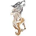 Silhouette, outline wolf eagle lion drawn in brown and gray on a white background with lines of different widths