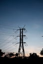 A silhouette of overhead power line under the sunset