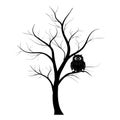 Silhouette of an owl in the full moon on a tree. On a white background. Design element Royalty Free Stock Photo