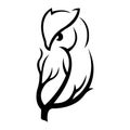 Silhouette of an owl sitting on a tree branch, black bird on a white isolated background. Owl tattoo, company logo, agencies