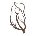 Silhouette of an owl sitting on a tree branch, brown bird on a white isolated background. Owl tattoo, company logo, agency, emblem