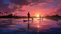 silhouettes of paddle boarders on the water at sunset