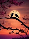 Silhouette of a pair of birds perched on a tree, scenery, Generative Ai illustration.