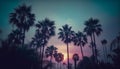 Silhouette of palm tree back lit by sunset on coastline generated by AI Royalty Free Stock Photo