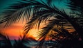Silhouette of palm tree back lit by vibrant sunset sky generated by AI Royalty Free Stock Photo