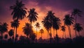 Silhouette of palm tree back lit by vibrant sunset sky generated by AI Royalty Free Stock Photo