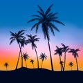 Silhouette palm tree in flat icon design at sunset with vintage filter background vector Royalty Free Stock Photo