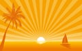 Silhouette palm tree and sailboat in flat icon design with sunshine ray background Royalty Free Stock Photo