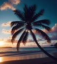 Silhouette of palm tree on sandy beach at tropical seaside, generative ai