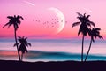 Silhouette palm tree at tropical night beach and full moon with birds flying on sunset sky abstract background. Nature environment Royalty Free Stock Photo